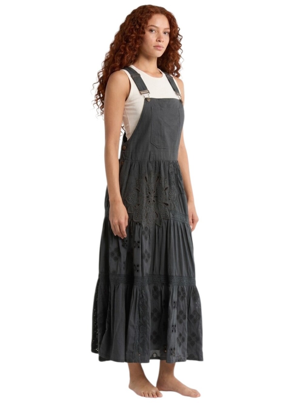 Lucky Brand Overall Cutwork Maxi Dress Embroidered Tiered Lined Cotton S Raven